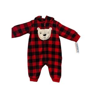 Carters Just One You Baby 3M Red Black Buffalo Plaid Fleece Hooded Jumpsuit Bear